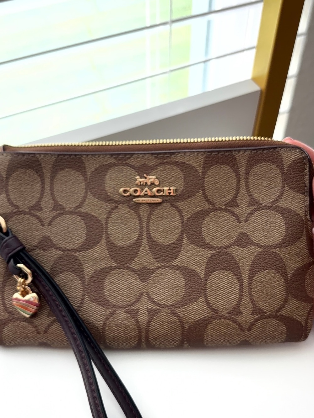 Coach Brown Signature Monogram Wristlet with Gold Hardware